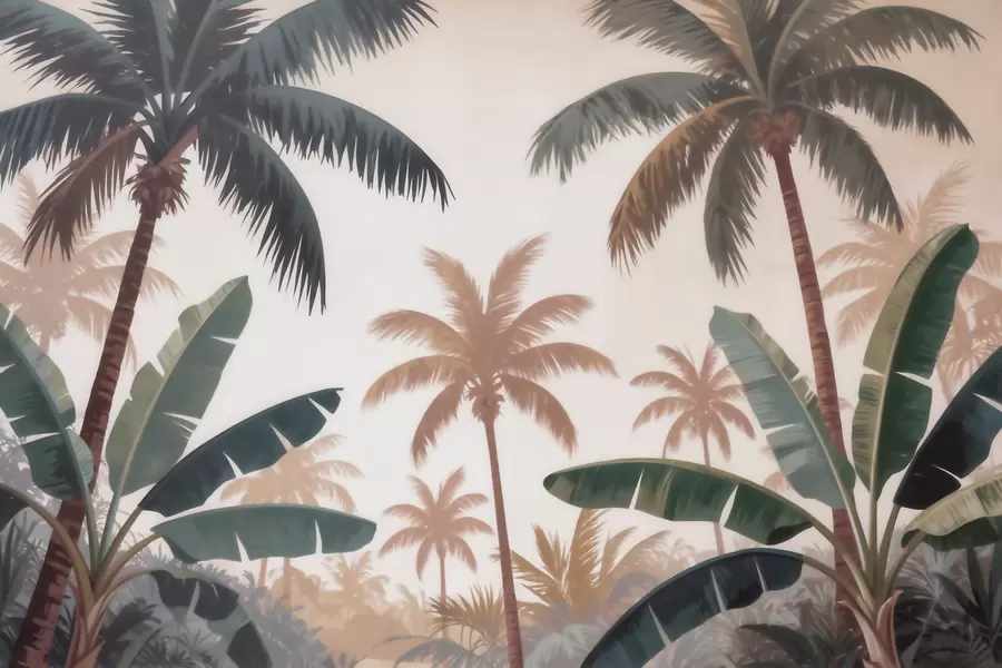 wall murals Tropical palm trees in a soft vintage palette with a misty morning atmosphere w09884