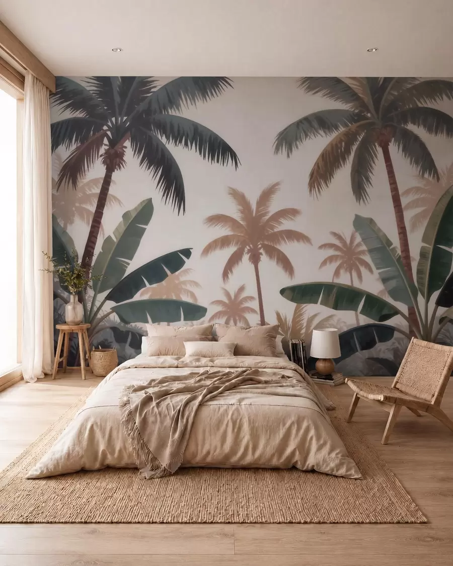 wall murals Tropical palm trees in a soft vintage palette with a misty morning atmosphere w09884
