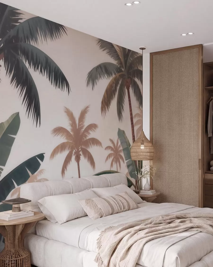 wall murals Tropical palm trees in a soft vintage palette with a misty morning atmosphere w09884
