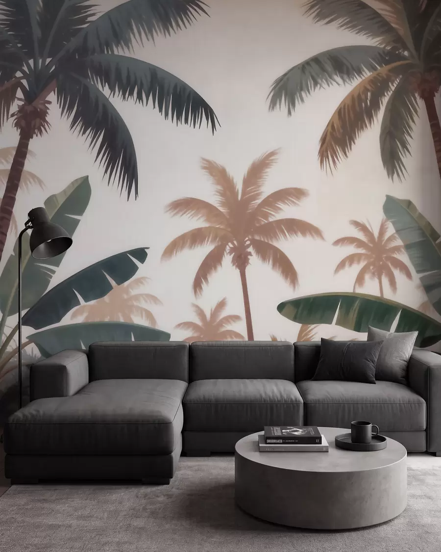 Wall Mural Photo Wallpaper Tropical palm trees in a soft vintage palette with a misty morning atmosphere w09884