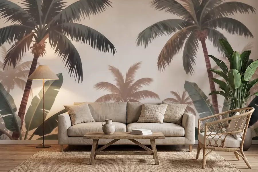 Wall Mural Photo Wallpaper Tropical palm trees in a soft vintage palette with a misty morning atmosphere w09884