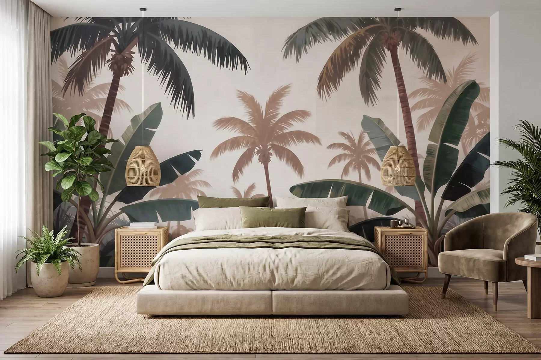 peintures murales Des palmiers tropicaux dans une palette de couleurs douces et vintage, dans une ambiance brumeuse de matinée w09884