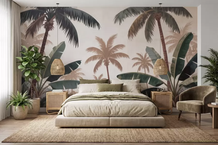 peintures murales Des palmiers tropicaux dans une palette de couleurs douces et vintage, dans une ambiance brumeuse de matinée w09884