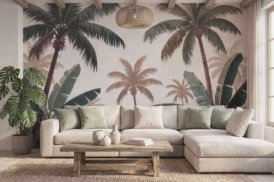 peintures murales Des palmiers tropicaux dans une palette de couleurs douces et vintage, dans une ambiance brumeuse de matinée w09884
