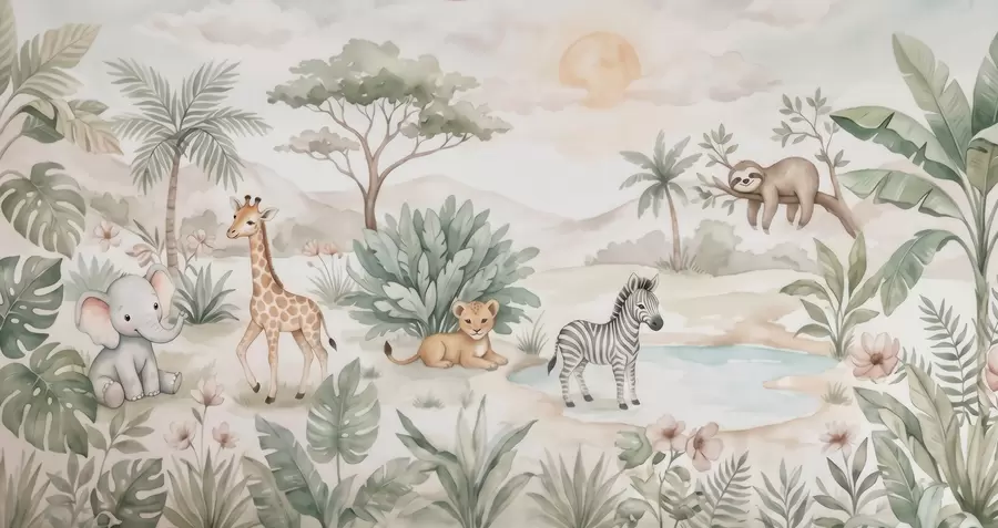 peintures murales Scène de safari à l'aquarelle représentant des animaux dans des tons pastel délicats : une girafe, un éléphanteau, un zèbre et un lionceau w09888