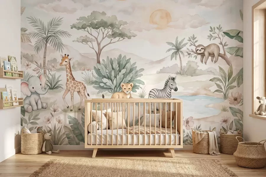peintures murales Scène de safari à l'aquarelle représentant des animaux dans des tons pastel délicats : une girafe, un éléphanteau, un zèbre et un lionceau w09888