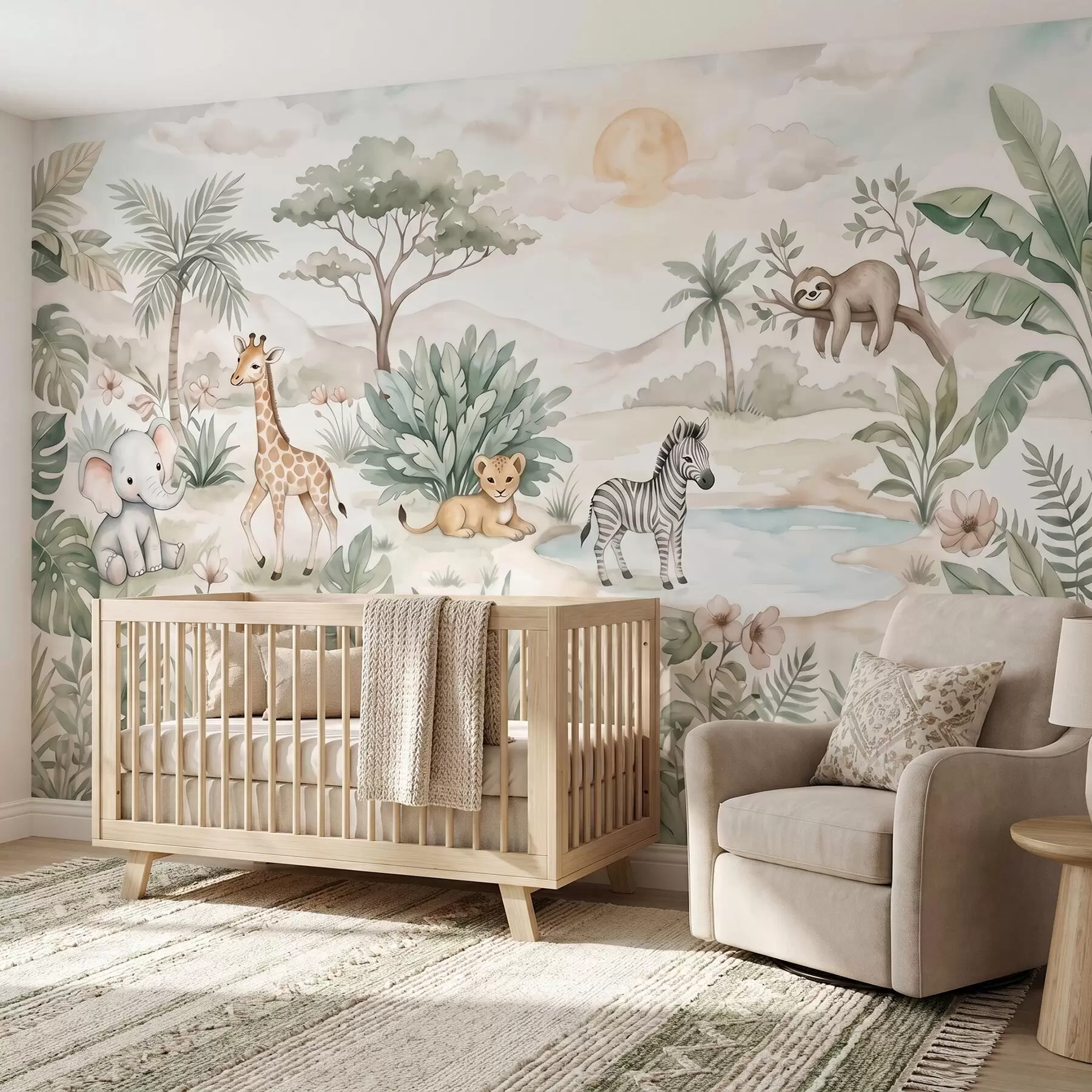 Wall Mural Photo Wallpaper Watercolor safari scene with animals in delicate pastel tones featuring a giraffe, baby elephant, zebra, and lion cub w09888