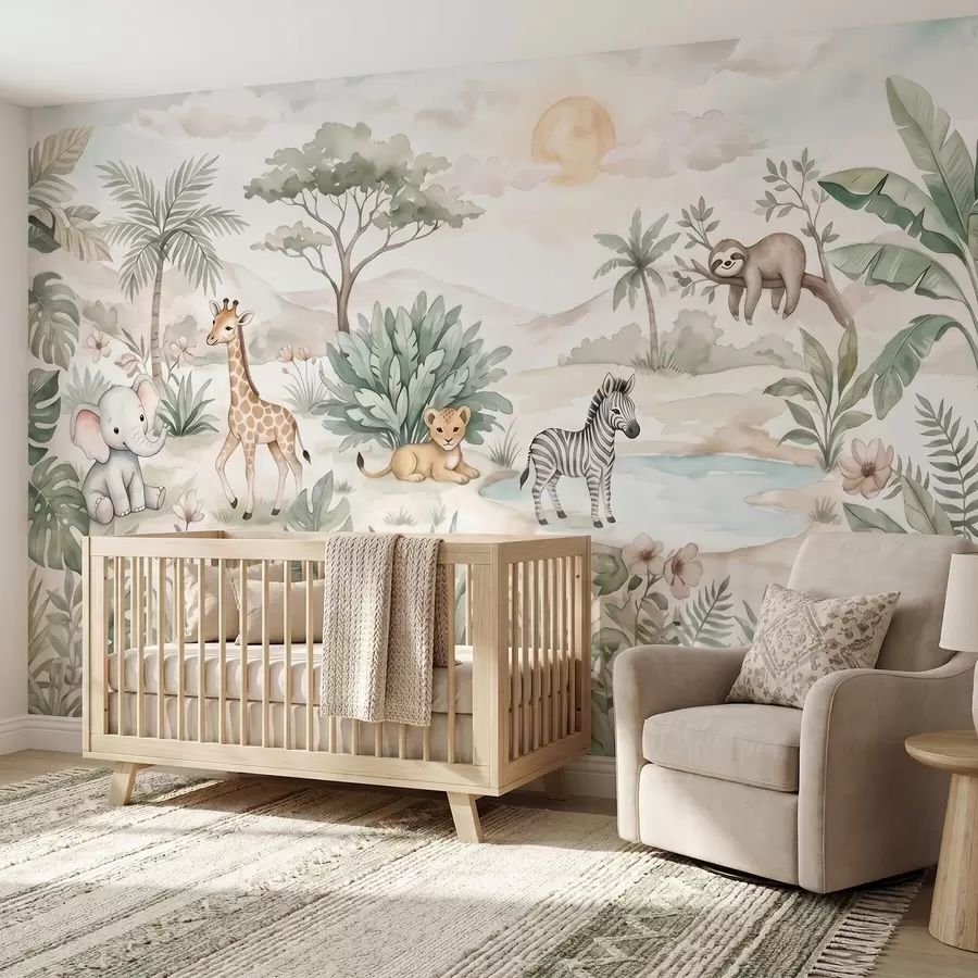 wall murals Watercolor safari scene with animals in delicate pastel tones featuring a giraffe, baby elephant, zebra, and lion cub w09888