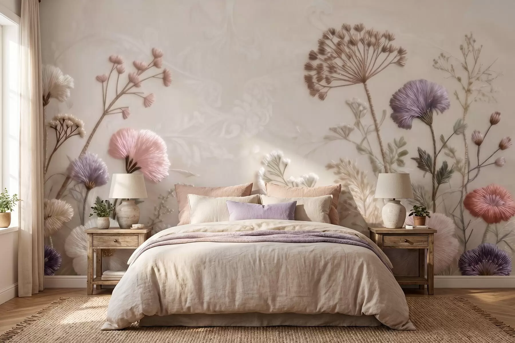 peintures murales Fleurs sauvages en trois dimensions, avec un effet de broderie artisanale, dans une palette de couleurs pastel w09874