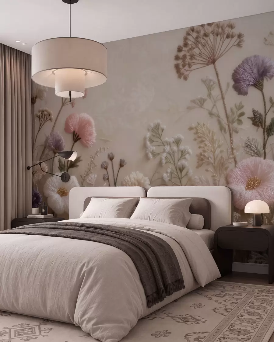 wall murals Three-dimensional wildflowers with a handcrafted embroidery effect in a pastel palette w09874