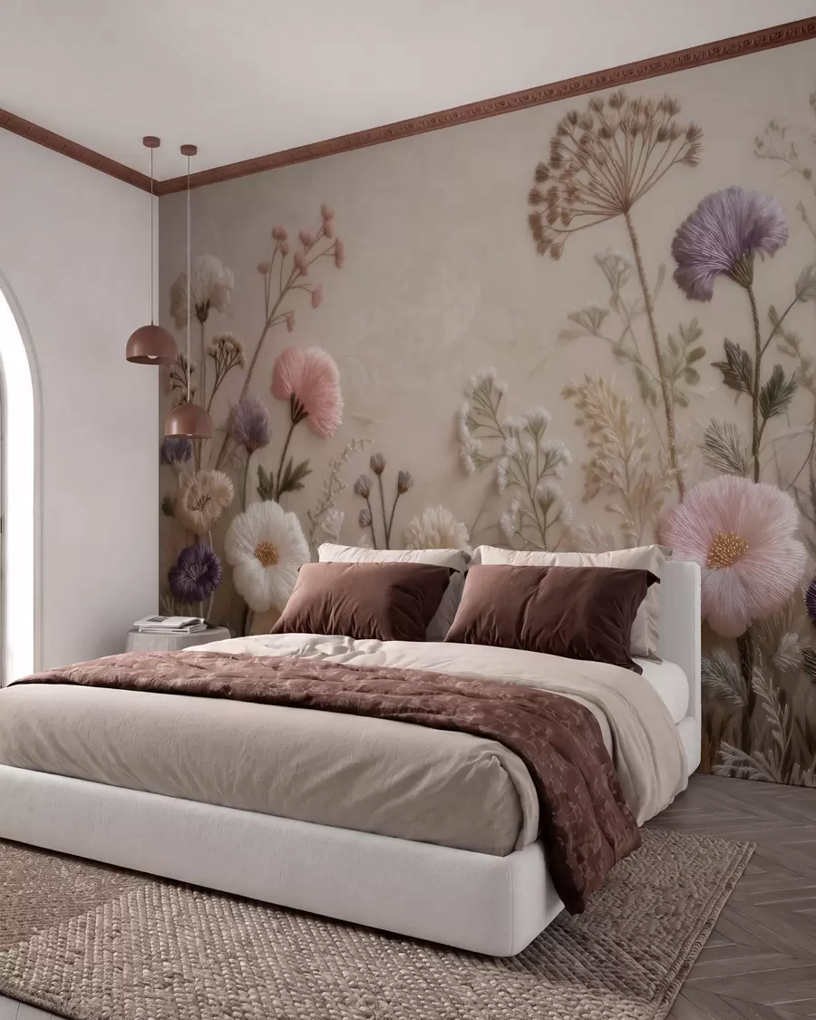 Wall Mural Photo Wallpaper Three-dimensional wildflowers with a handcrafted embroidery effect in a pastel palette w09874