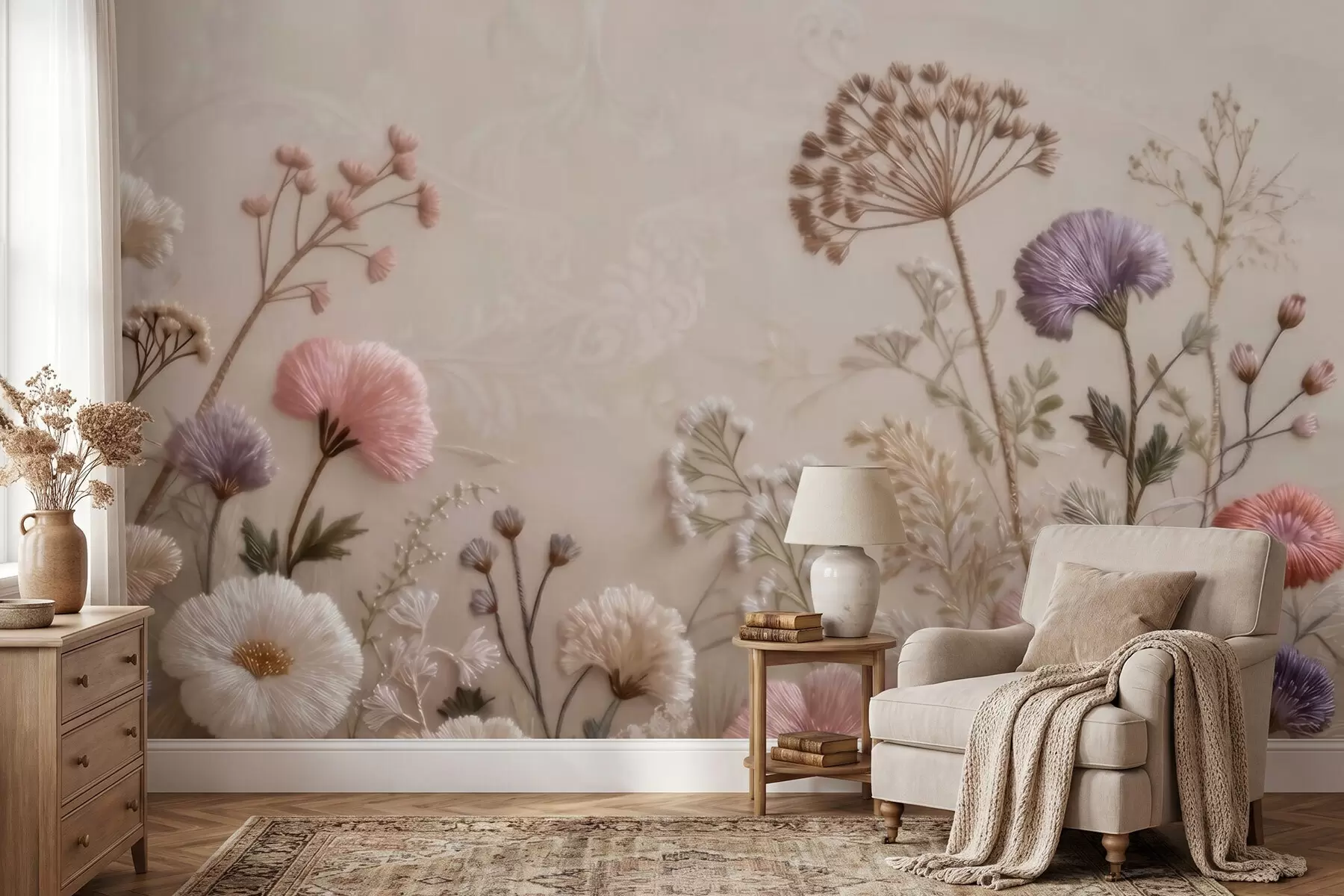 Wall Mural Photo Wallpaper Three-dimensional wildflowers with a handcrafted embroidery effect in a pastel palette w09874