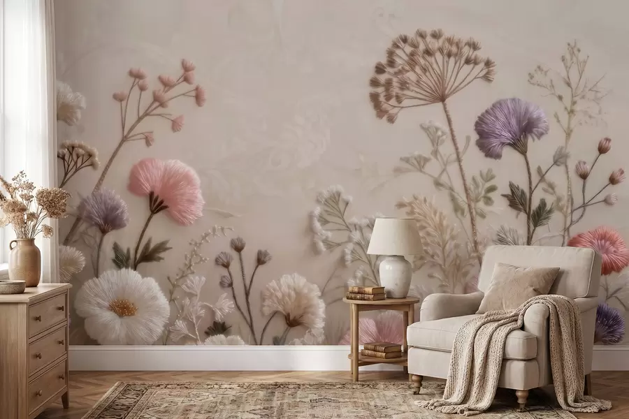 peintures murales Fleurs sauvages en trois dimensions, avec un effet de broderie artisanale, dans une palette de couleurs pastel w09874