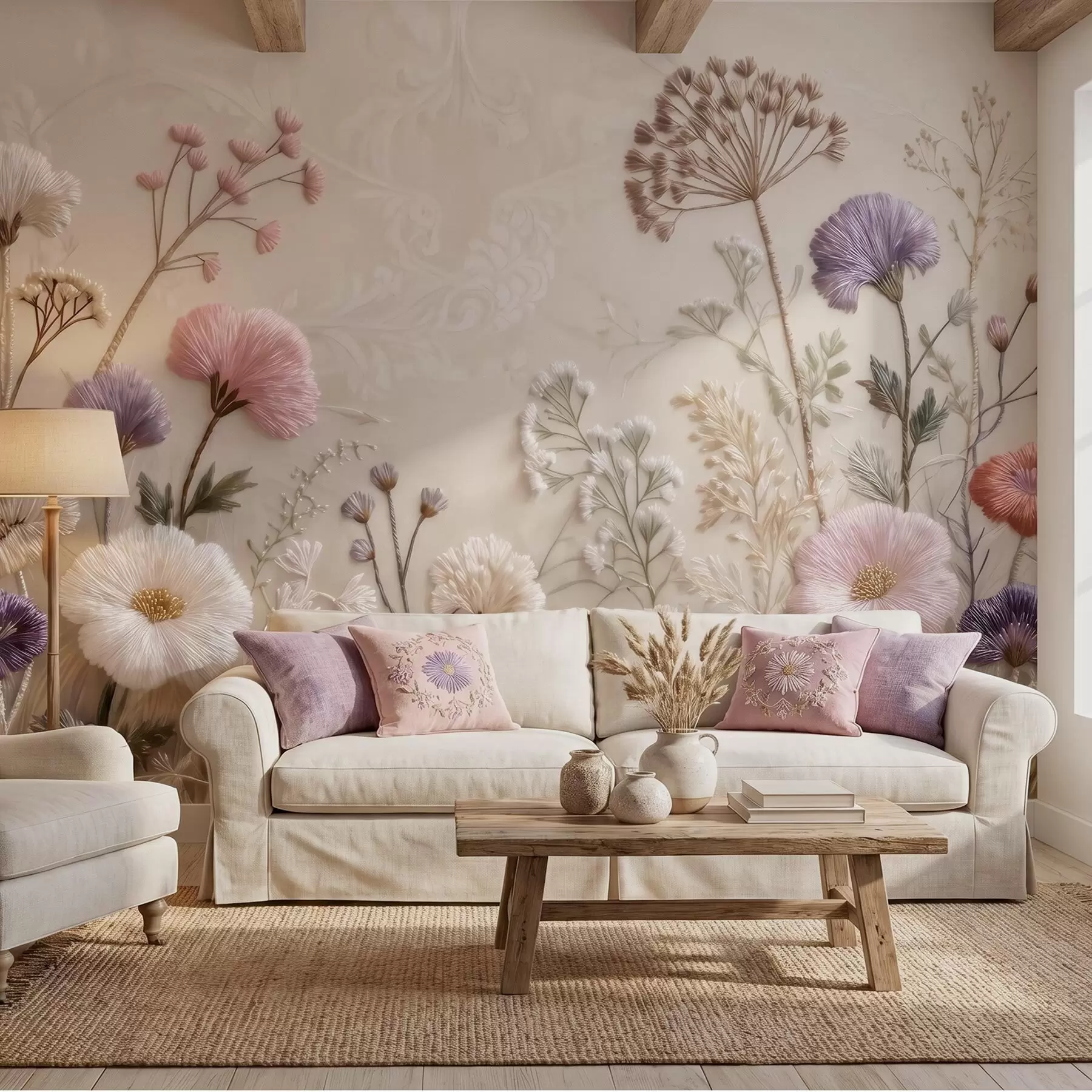 wall murals Three-dimensional wildflowers with a handcrafted embroidery effect in a pastel palette w09874