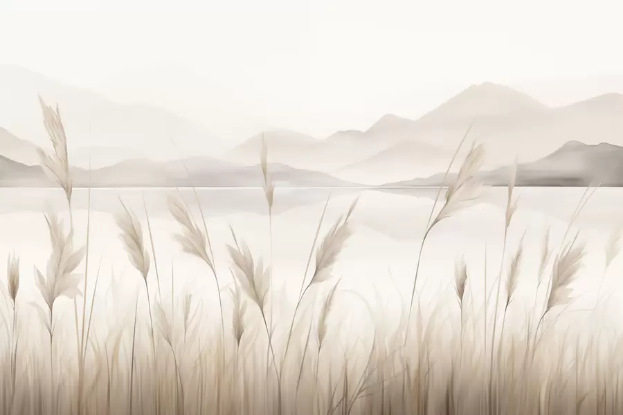 Wall Mural Photo Wallpaper Reeds near a lake with mountains in the background, imitation of painting w05704