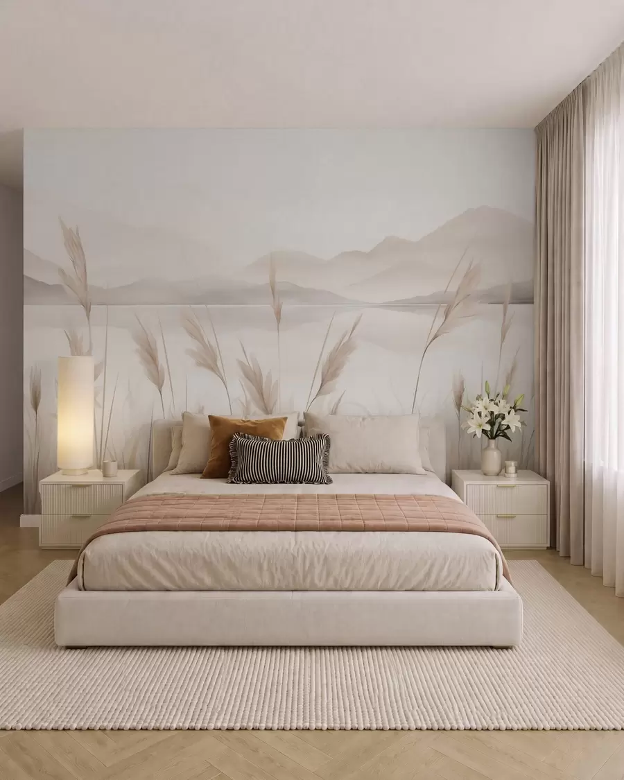 Wall Mural Photo Wallpaper Reeds near a lake with mountains in the background, imitation of painting w05704