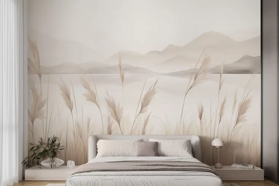 Wall Mural Photo Wallpaper Reeds near a lake with mountains in the background, imitation of painting w05704