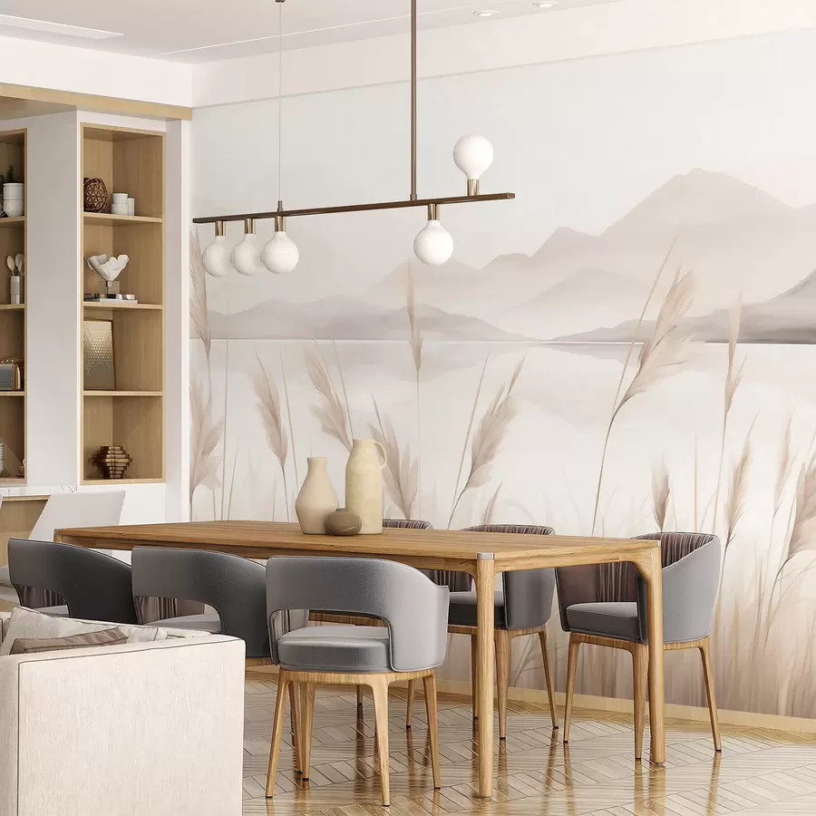 Wall Mural Photo Wallpaper Reeds near a lake with mountains in the background, imitation of painting w05704