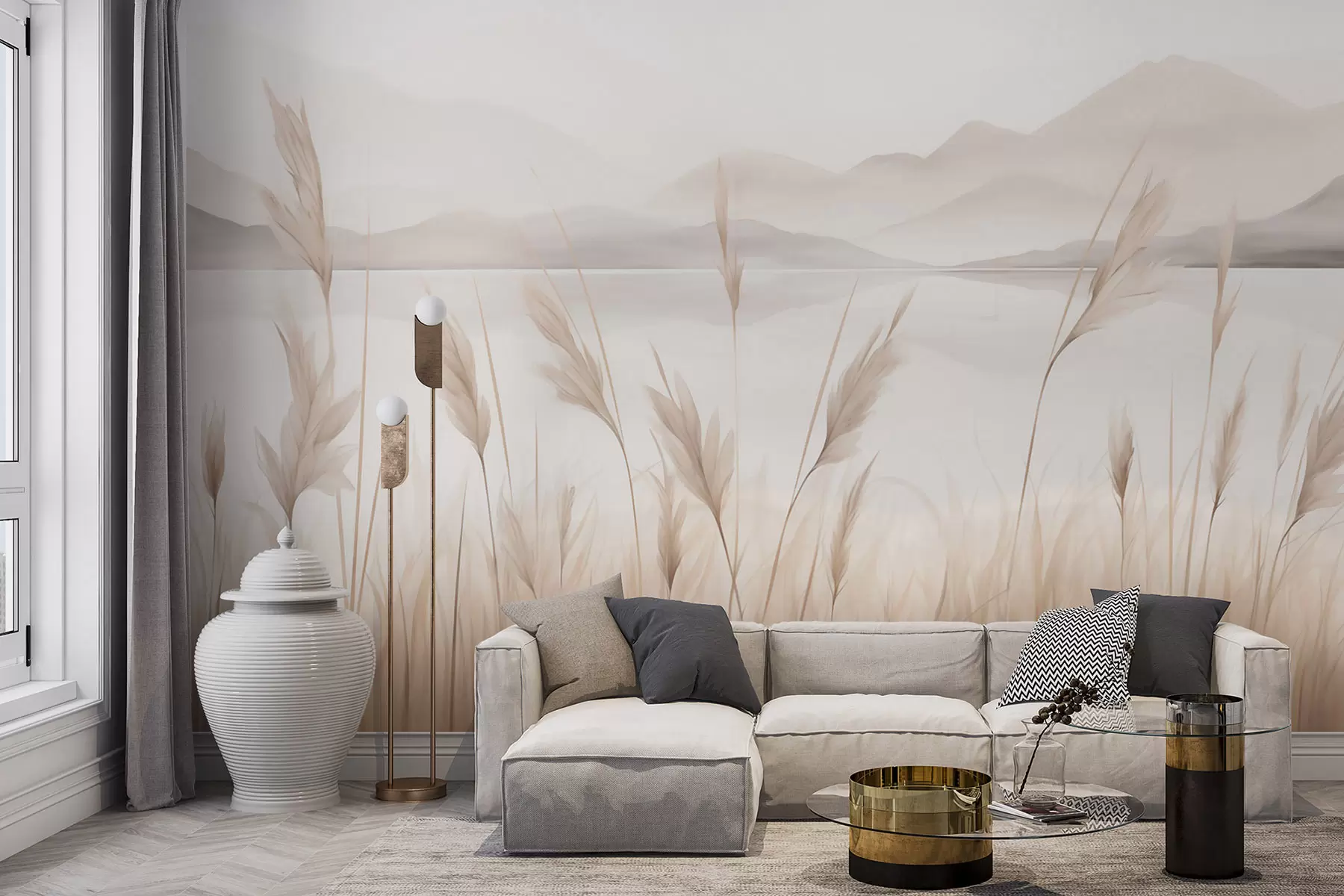 wall murals Reeds near a lake with mountains in the background, imitation of painting w05704