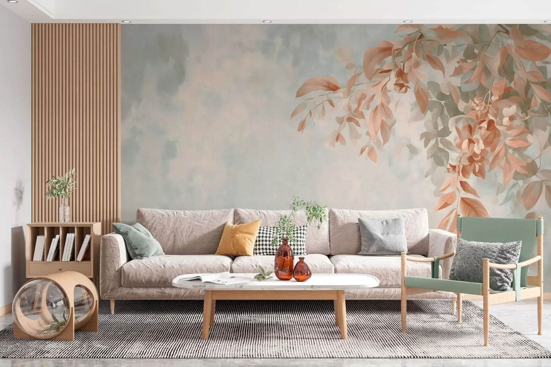 murales ramas de árbol sobre un fondo retro variado w05385