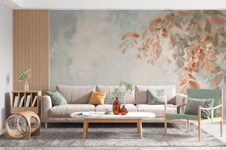 murales ramas de árbol sobre un fondo retro variado w05385