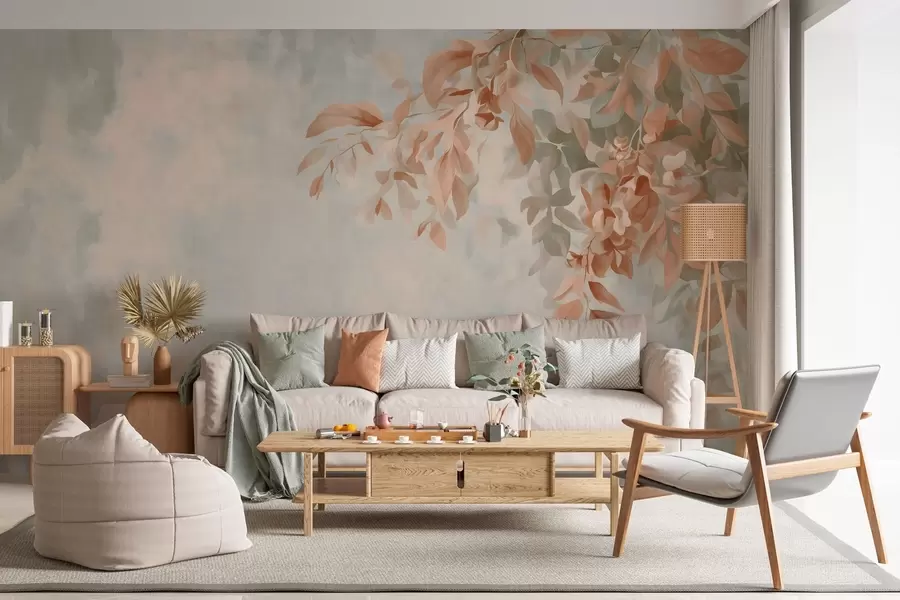 murales ramas de árbol sobre un fondo retro variado w05385