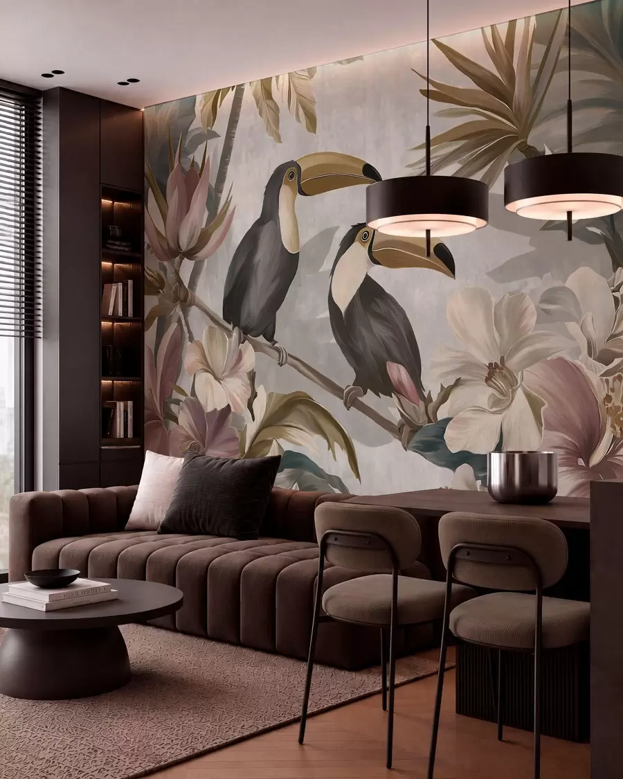 peintures murales un couple de toucans au milieu de fleurs et de feuillages tropicaux w05657