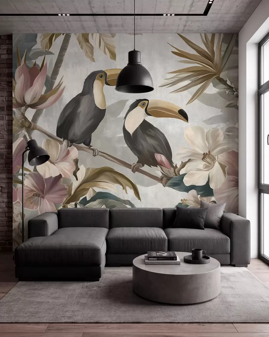 peintures murales un couple de toucans au milieu de fleurs et de feuillages tropicaux w05657