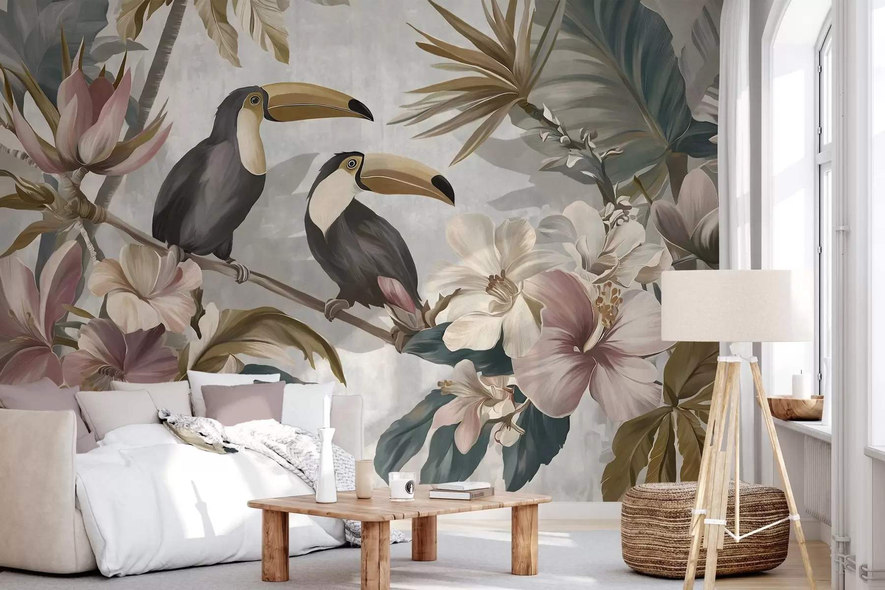 Wall Mural Photo Wallpaper a pair of toucans amidst tropical flowers and leaves w05657