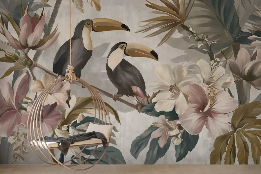 murales una pareja de tucanes entre flores y hojas tropicales w05657