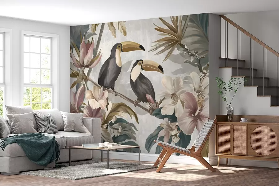 murales una pareja de tucanes entre flores y hojas tropicales w05657