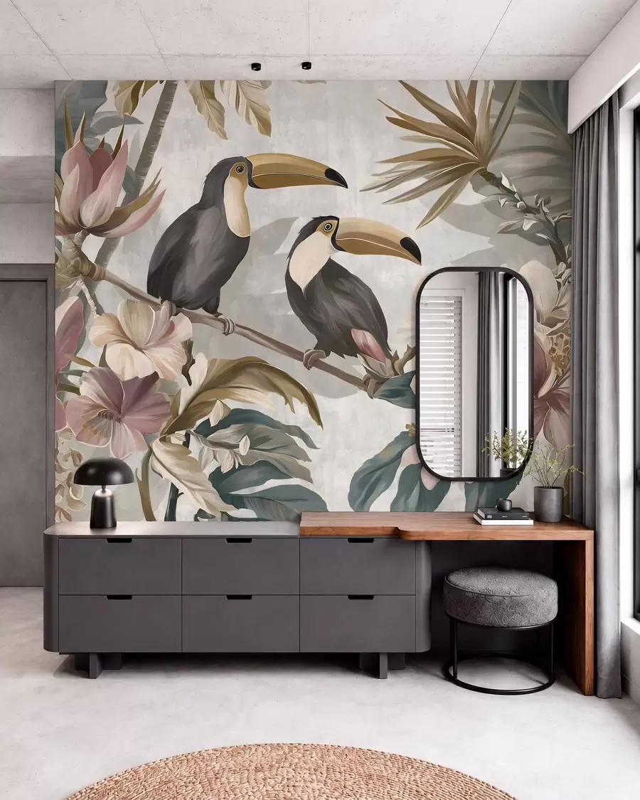 peintures murales un couple de toucans au milieu de fleurs et de feuillages tropicaux w05657