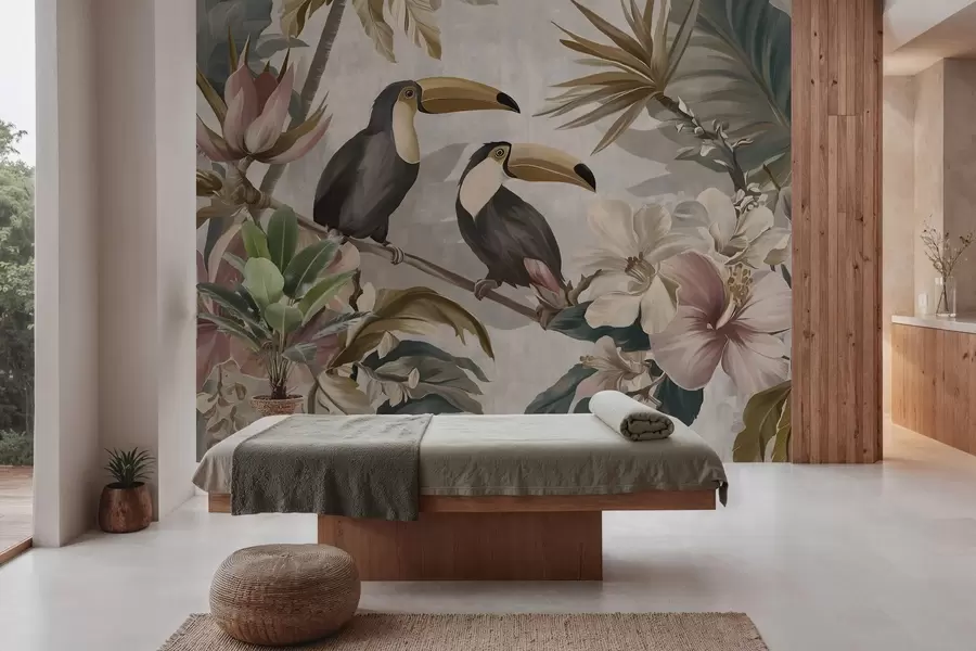 Wall Mural Photo Wallpaper a pair of toucans amidst tropical flowers and leaves w05657