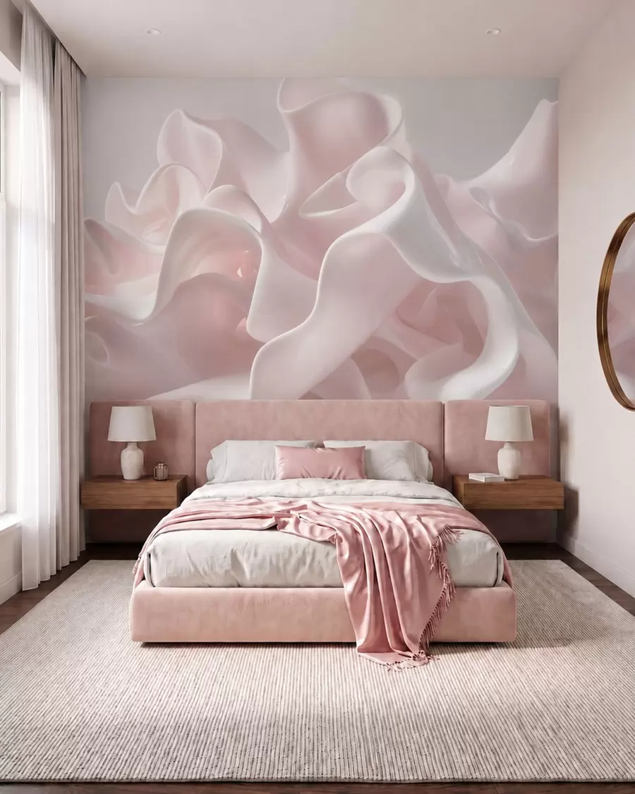peintures murales Des ondulations aériennes en soie dans des tons rose poudré délicats w09858