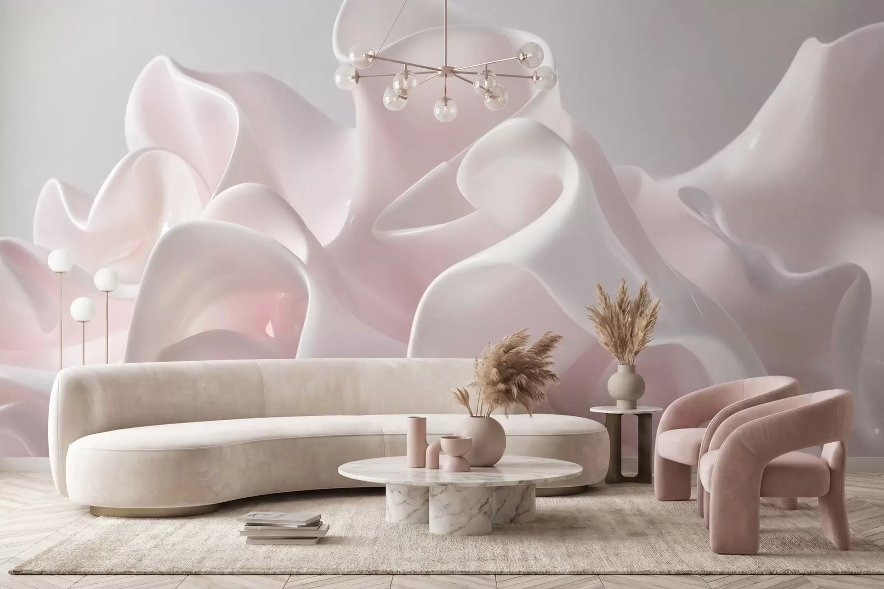 peintures murales Des ondulations aériennes en soie dans des tons rose poudré délicats w09858