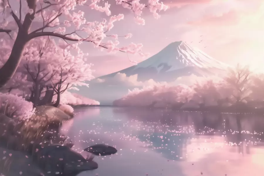 Wall Mural Photo Wallpaper Serene Japanese landscape with cherry blossoms and a mountain lake at sunrise w09864