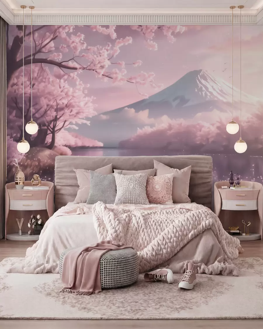 peintures murales Paysage japonais serein avec des cerisiers en fleurs et un lac de montagne au lever du soleil w09864