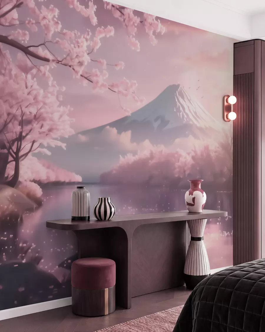 wall murals Serene Japanese landscape with cherry blossoms and a mountain lake at sunrise w09864