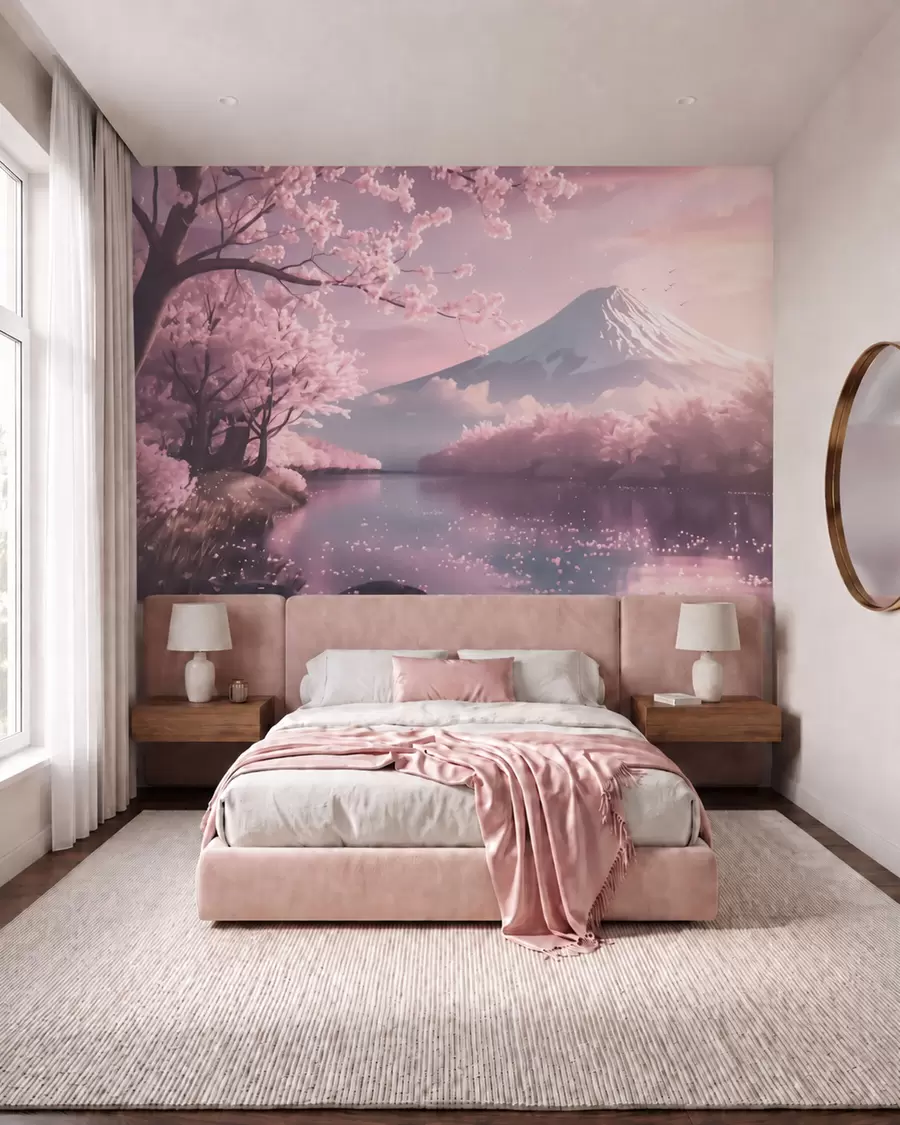 wall murals Serene Japanese landscape with cherry blossoms and a mountain lake at sunrise w09864