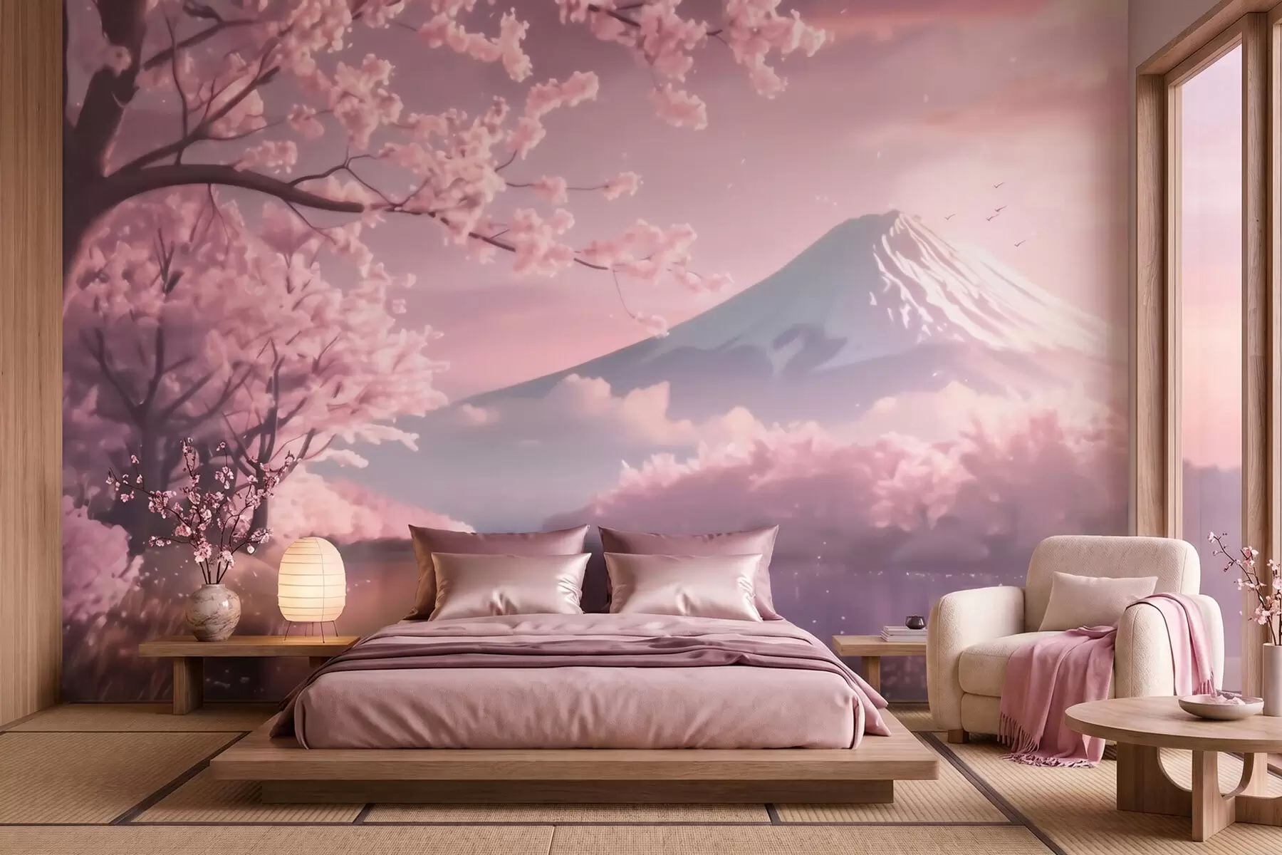 peintures murales Paysage japonais serein avec des cerisiers en fleurs et un lac de montagne au lever du soleil w09864