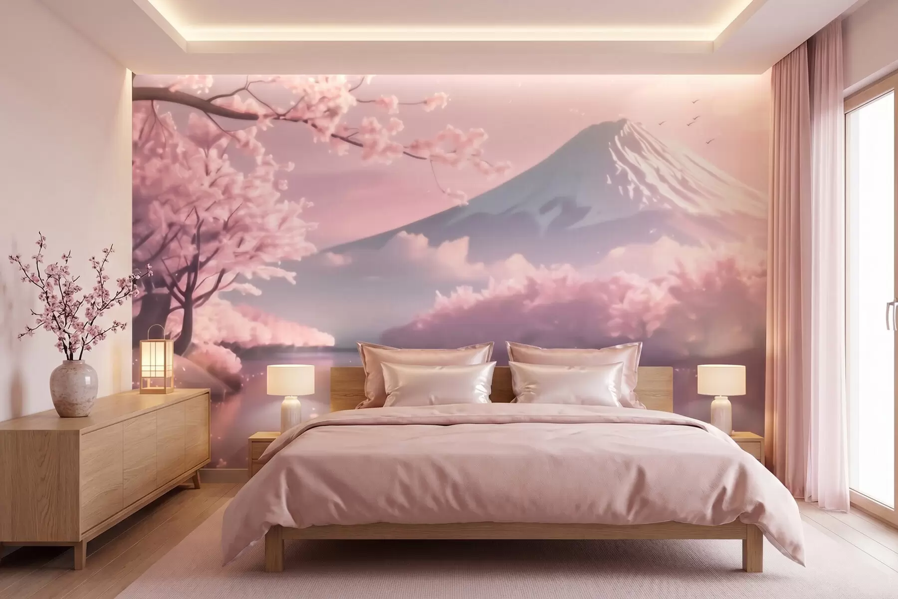 peintures murales Paysage japonais serein avec des cerisiers en fleurs et un lac de montagne au lever du soleil w09864