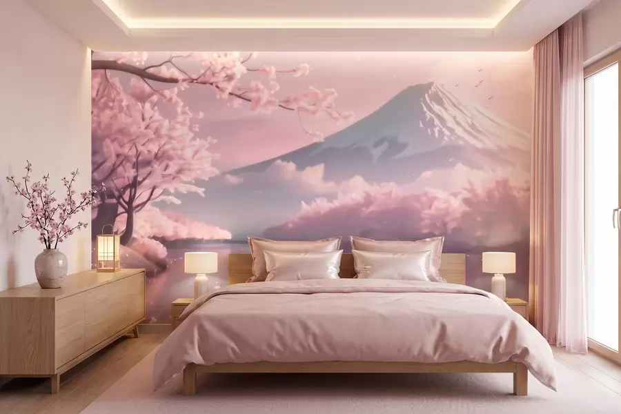 Wall Mural Photo Wallpaper Serene Japanese landscape with cherry blossoms and a mountain lake at sunrise w09864