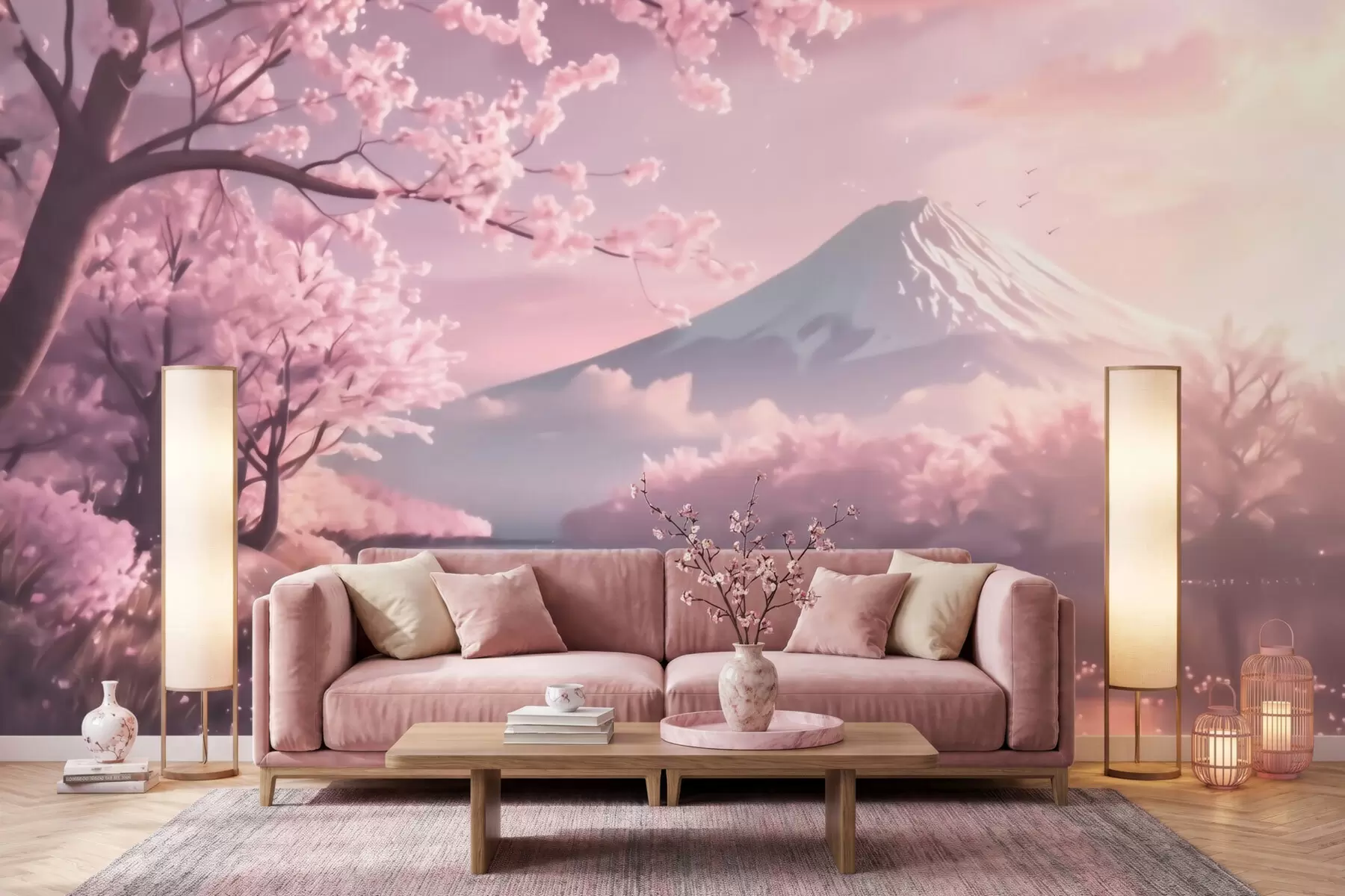 peintures murales Paysage japonais serein avec des cerisiers en fleurs et un lac de montagne au lever du soleil w09864