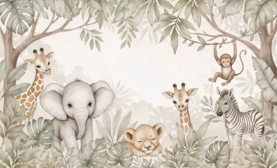 Wall Mural Photo Wallpaper Adorable safari animals among tropical foliage in a watercolor style w09885