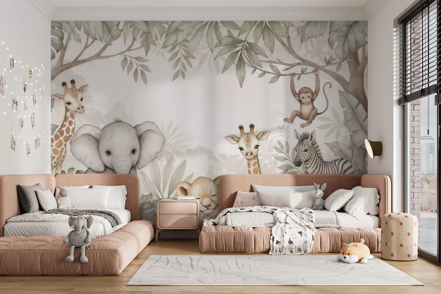 murales Adorables animales de safari entre la vegetación tropical, en estilo acuarela w09885