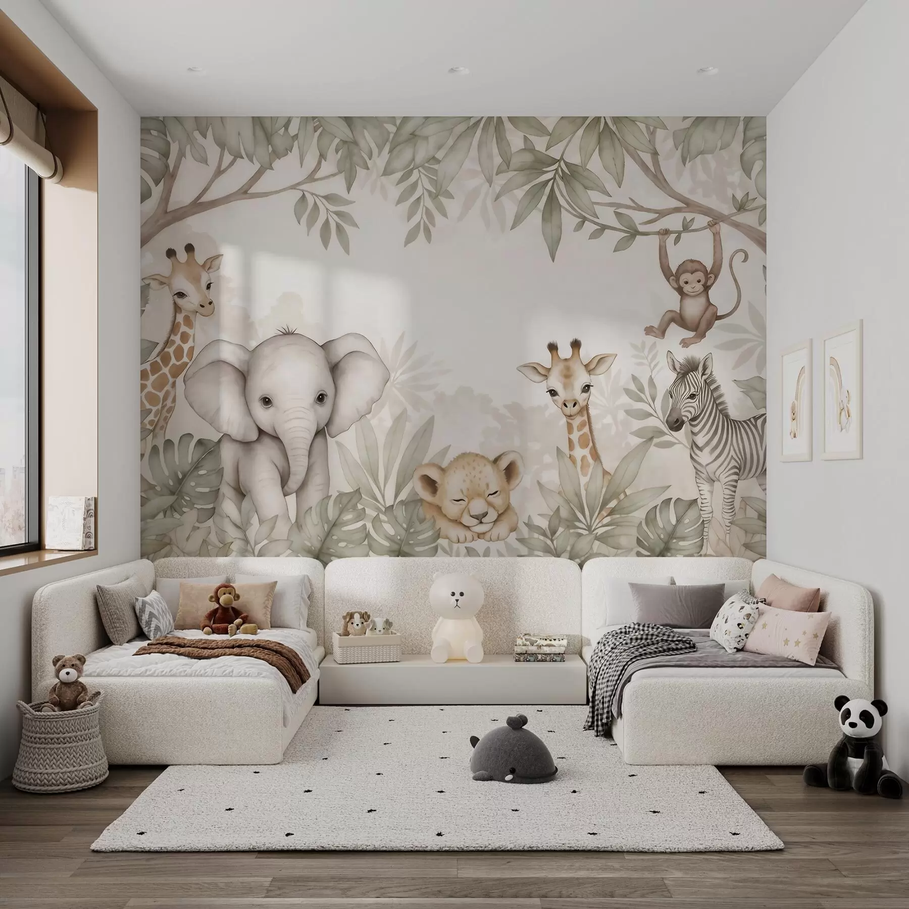 peintures murales D'adorables animaux de la savane au milieu d'une végétation tropicale, dans un style aquarelle w09885