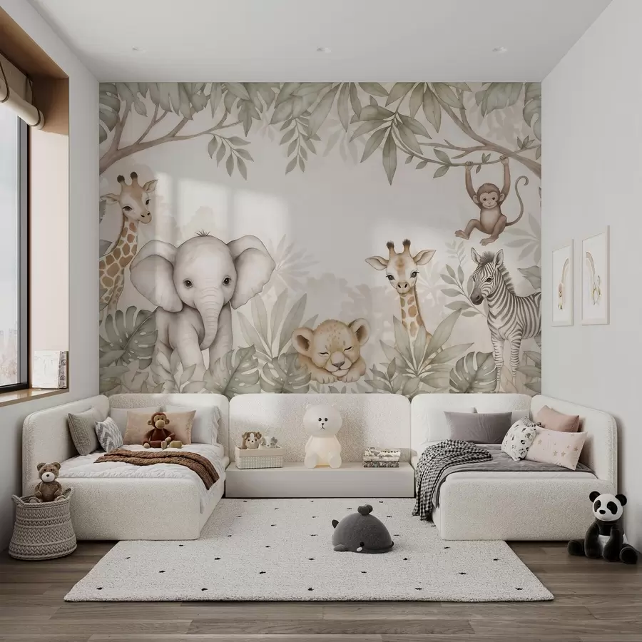 Wall Mural Photo Wallpaper Adorable safari animals among tropical foliage in a watercolor style w09885