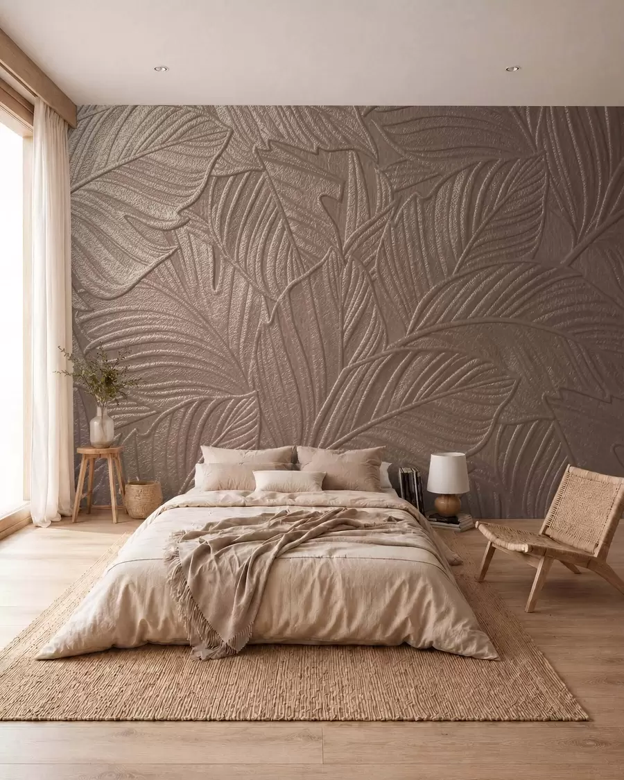 wall murals Embossed tropical leaves with delicate relief in warm beige tones w09886
