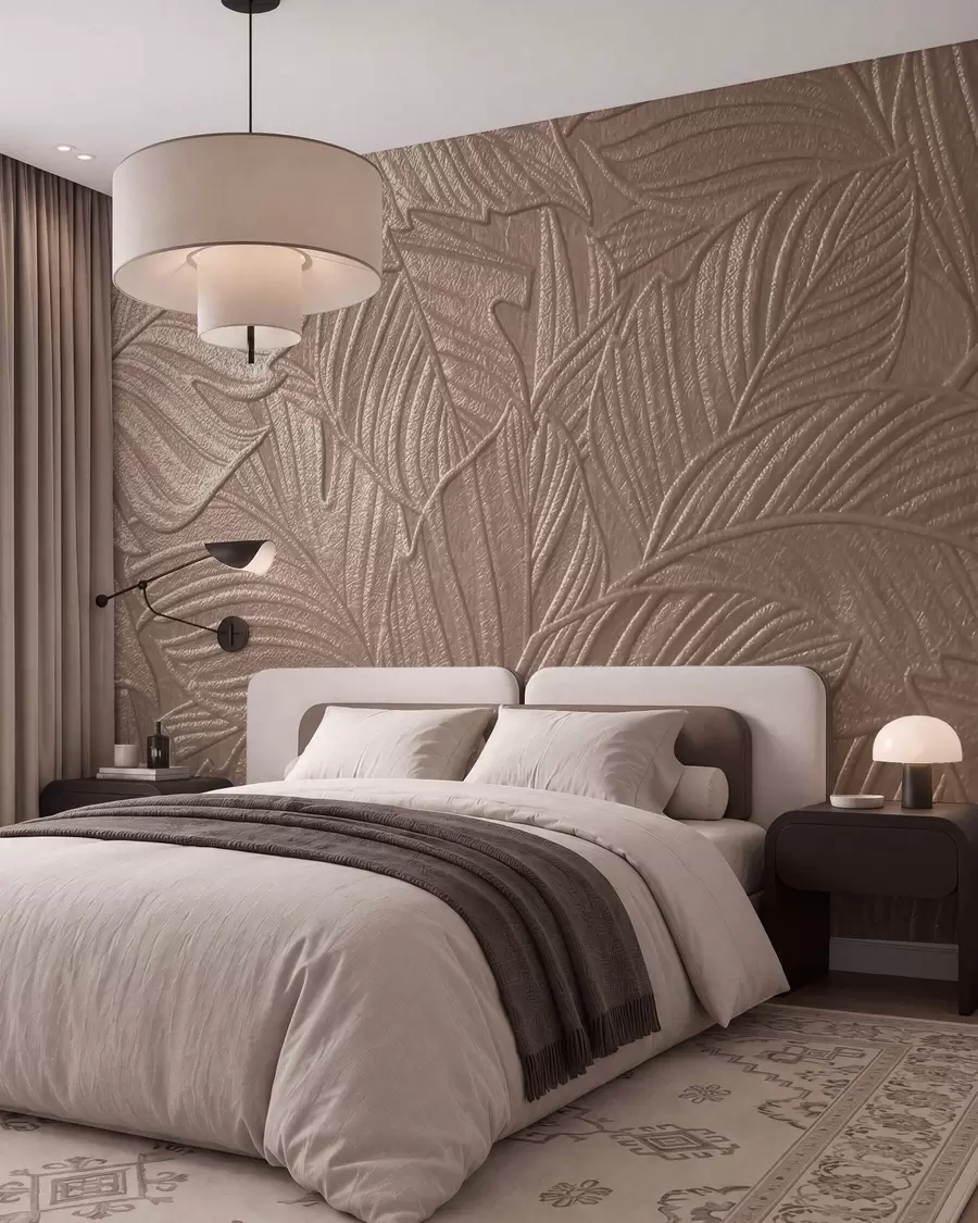 wall murals Embossed tropical leaves with delicate relief in warm beige tones w09886