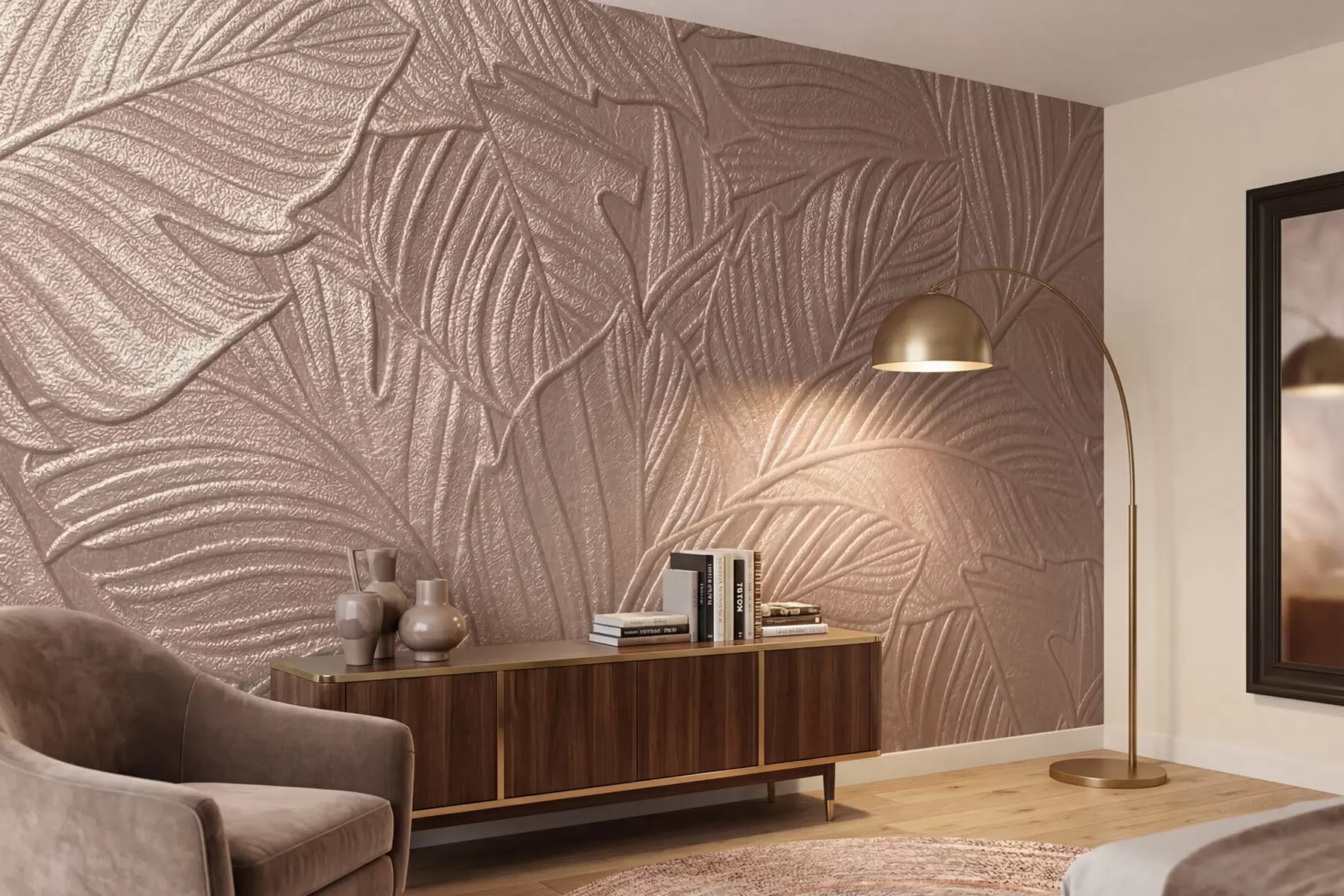 Wall Mural Photo Wallpaper Embossed tropical leaves with delicate relief in warm beige tones w09886